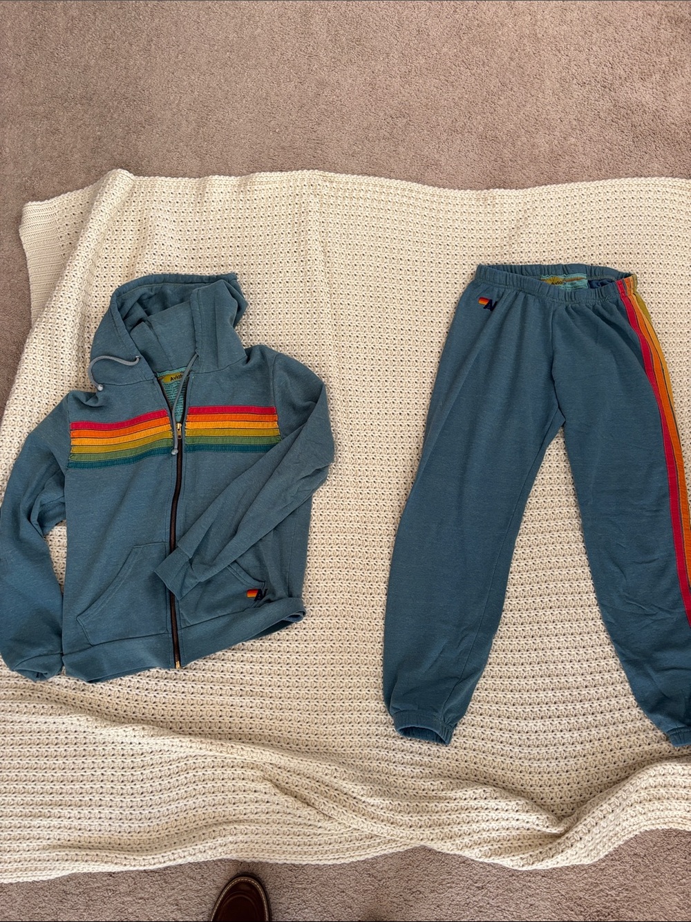 Aviator Nation Blue Teal Zip Hoodie & Joggers with Rainbow Stripes
